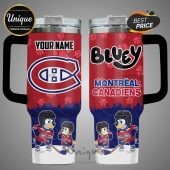 Customizable tumbler featuring Bluey characters in Montreal Canadiens hockey gear with team logo and 'Your Name' option.!
