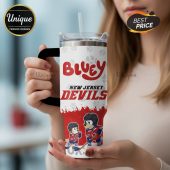 Tumbler featuring Bluey characters dressed as New Jersey Devils hockey players!