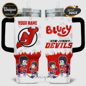 New Jersey Devils themed tumbler with cartoon dogs in hockey gear and custom name option.!
