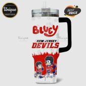 Bluey New Jersey Devils hockey themed tumbler with Bluey and Bingo cartoon characters!