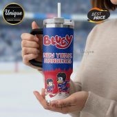 Tumbler shows Bluey characters in New York Rangers hockey gear with 'Bluey, New York Rangers' text above them.!