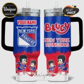 Customizable tumbler featuring 'Your Name' or 'Bluey' with New York Rangers logo and cartoon dogs playing hockey.!