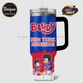 Bluey New York Rangers themed tumbler with cartoon characters wearing hockey gear.!
