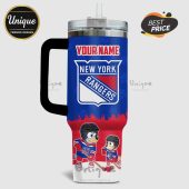 New York Rangers themed tumbler with customizable name, featuring cartoon dogs playing hockey in Rangers gear!
