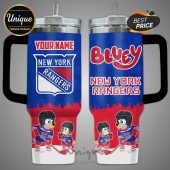 Personalized New York Rangers tumbler featuring Bluey and Bingo in hockey gear!