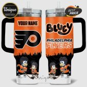 Two-sided mug with custom name, Philly Flyers logo, text and Bluey cartoon characters in hockey gear!