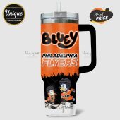 Orange tumbler featuring 'Bluey' and 'Philadelphia Flyers' graphics with cartoon hockey players.!