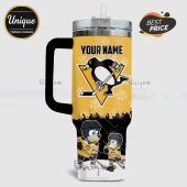 Personalized Pittsburgh Penguins insulated tumbler featuring team logo, name area, and cartoon dog hockey players.!
