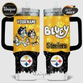 Personalized Steelers tumbler with Bluey characters wearing football gear and space for a name!