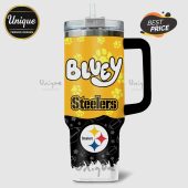 Tumbler with 'Bluey' text, paw prints, and Steelers logo on a yellow and black design.!