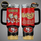 Tumbler featuring Bluey & Bingo in 49ers gear, customizable name, and SF logo!