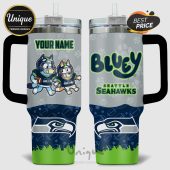 Customizable tumbler with Bluey characters in Seahawks gear and team logos!