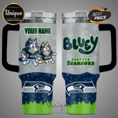 Tumbler featuring Bluey characters in Seattle Seahawks gear with customizable name!