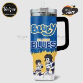 Bluey St. Louis Blues Hockey design on a white handled tumbler with a lid and straw.!