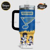 Customizable hockey-themed tumbler featuring cartoon dogs and the St. Louis Blues logo. Add your name!