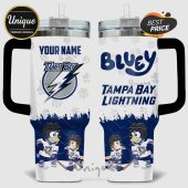 Tumbler featuring Tampa Bay Lightning logo, cartoon dogs playing hockey, and customizable name.!