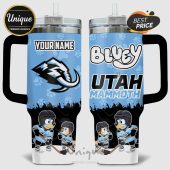 Customizable tumbler featuring Bluey characters, Utah Mammoth hockey theme, and space for a personalized name.!