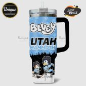 Bluey Utah Mammoth hockey design on a tumbler with handle and straw.!