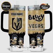 Personalized Vegas Golden Knights tumbler with Bluey cartoon characters in hockey gear.!