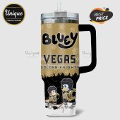 Tumbler featuring Bluey characters in Vegas Golden Knights hockey gear. Text reads: Bluey Vegas Golden Knights.!