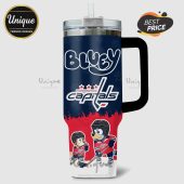 Bluey Washington Capitals 30oz tumbler with straw and handle. Features cartoon dogs in hockey gear!