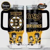 Two-sided Boston Bruins mug with custom name option, team logo, and cartoon dogs playing hockey.!