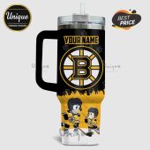 Customizable hockey themed tumbler with dog cartoon characters and Boston Bruins logo.!