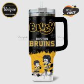 Tumbler features Bluey characters dressed as Boston Bruins hockey players on a black and gold background.!