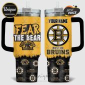 Boston Bruins themed tumbler with 'Fear The Bear' and team logos on a yellow and black design.!