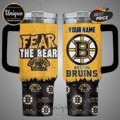 Two-sided yellow and black Boston Bruins tumbler with text: 'Fear the Bear' and 'Your Name'.!