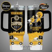 Personalized Boston Bruins Stanley Cup Champions tumbler featuring Snoopy, text 'Your Name' and 'Let's Go Bruins!'!