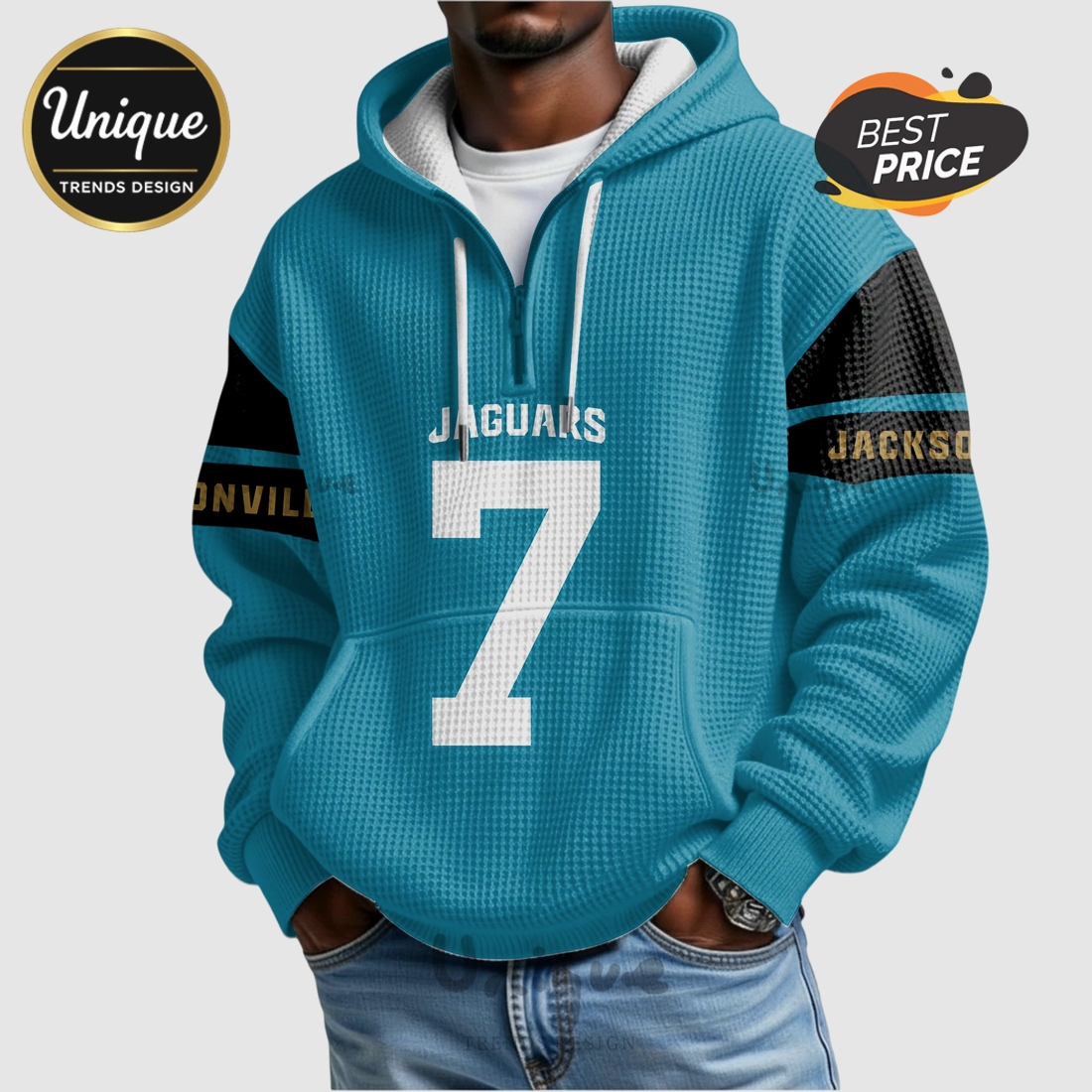 Brian Thomas Jr Jacksonville Jaguars 7 Waffle Quarter Zip Hoodie Brian Thomas Jr Jacksonville Jaguars 7 Waffle Quarter Zip Hoodie