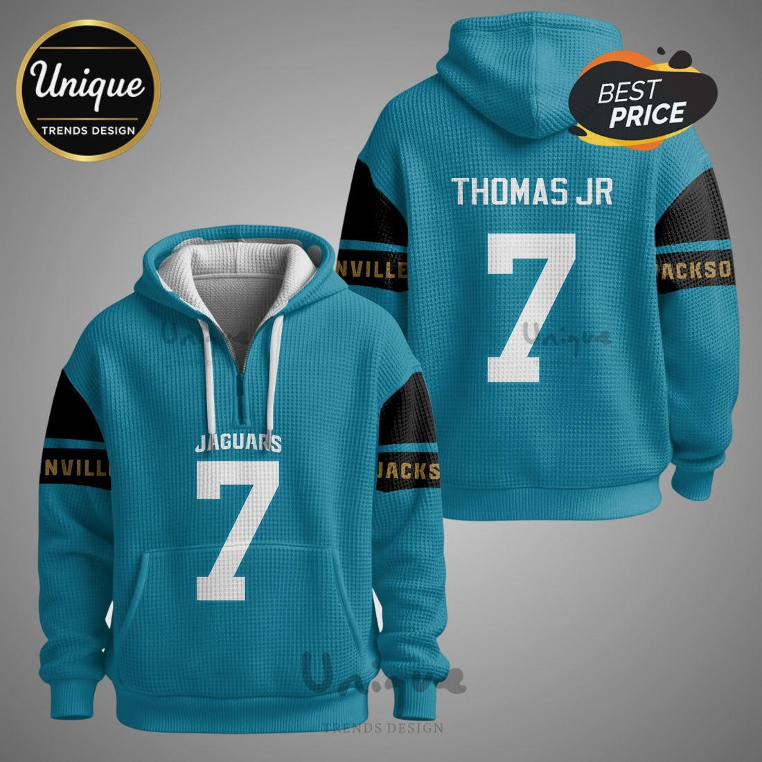 Brian Thomas Jr Jacksonville Jaguars 7 Waffle Quarter Zip Hoodie Brian Thomas Jr Jacksonville Jaguars 7 Waffle Quarter Zip Hoodie