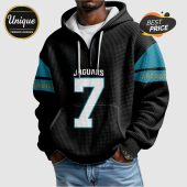 Black hoodie with 'Jaguars' text and number 7 on front, blue stripe with 'Jacksonville' on sleeve.!
