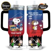 Personalized Buffalo Bills Snoopy Bud Light 40oz Tumbler. Show your team spirit with this custom tumbler featuring Snoopy!