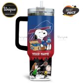 Personalized Buffalo Bills Snoopy Bud Light 40oz Tumbler. Custom name & design featuring Snoopy, Bills logo & Bud Light.
