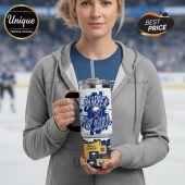 Buffalo Sabres 30oz insulated mug with handle and straw, featuring 'Sharpen Your Swords' text and team logos!