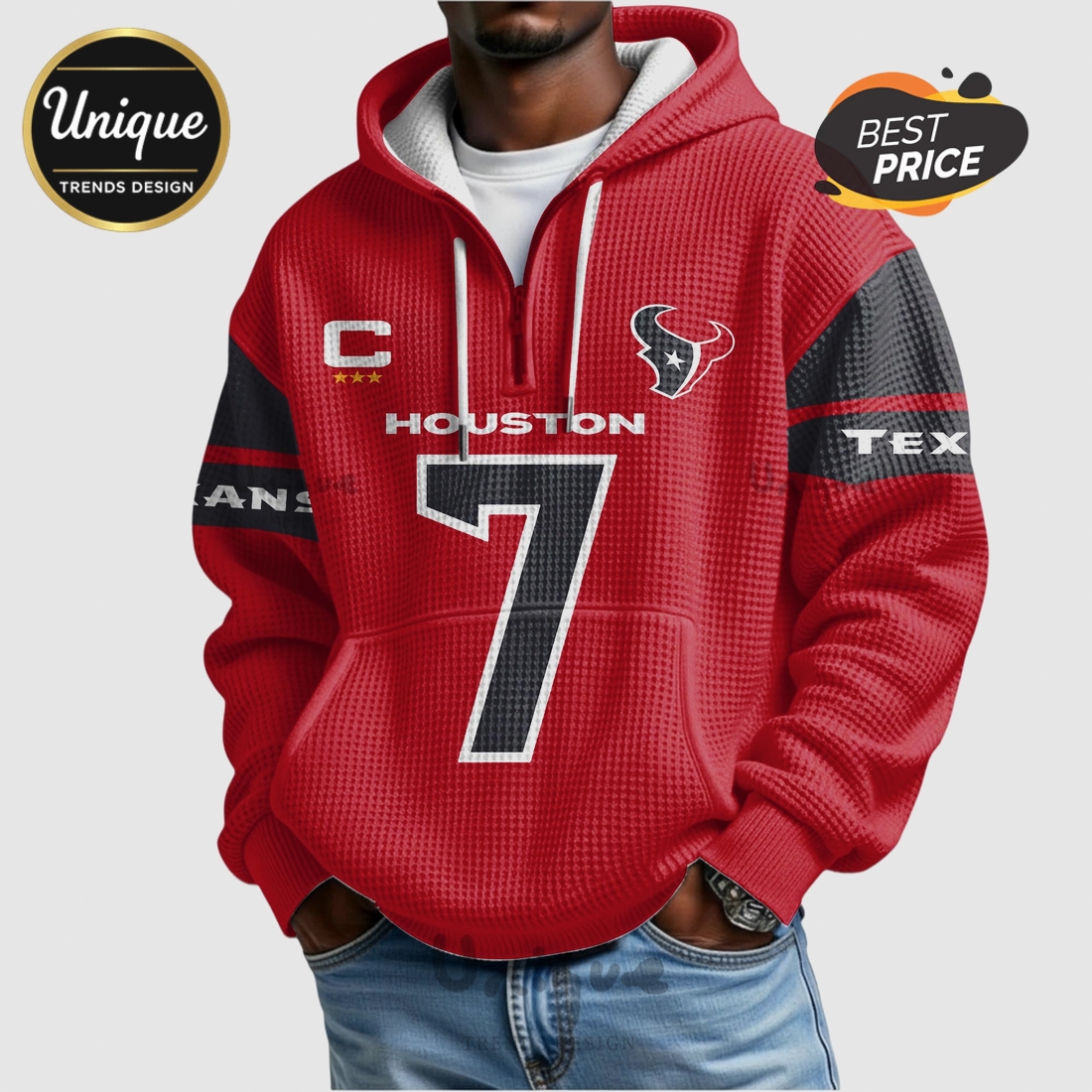 C.J. Stroud Houston Texans 7 NFL Player Quarter Zip Waffle Hoodie C.J. Stroud Houston Texans 7 NFL Player Quarter Zip Waffle Hoodie