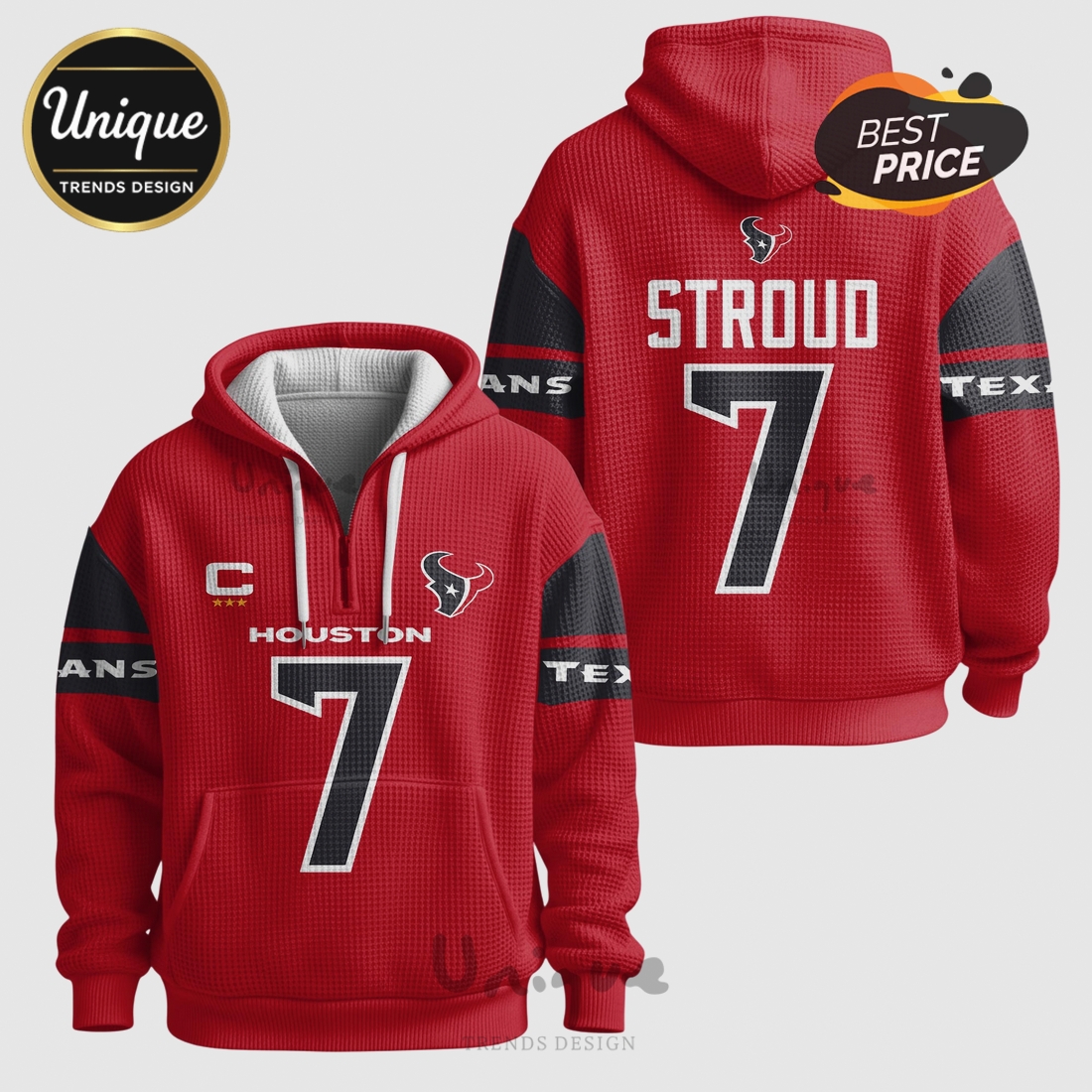 C.J. Stroud Houston Texans 7 NFL Player Quarter Zip Waffle Hoodie C.J. Stroud Houston Texans 7 NFL Player Quarter Zip Waffle Hoodie