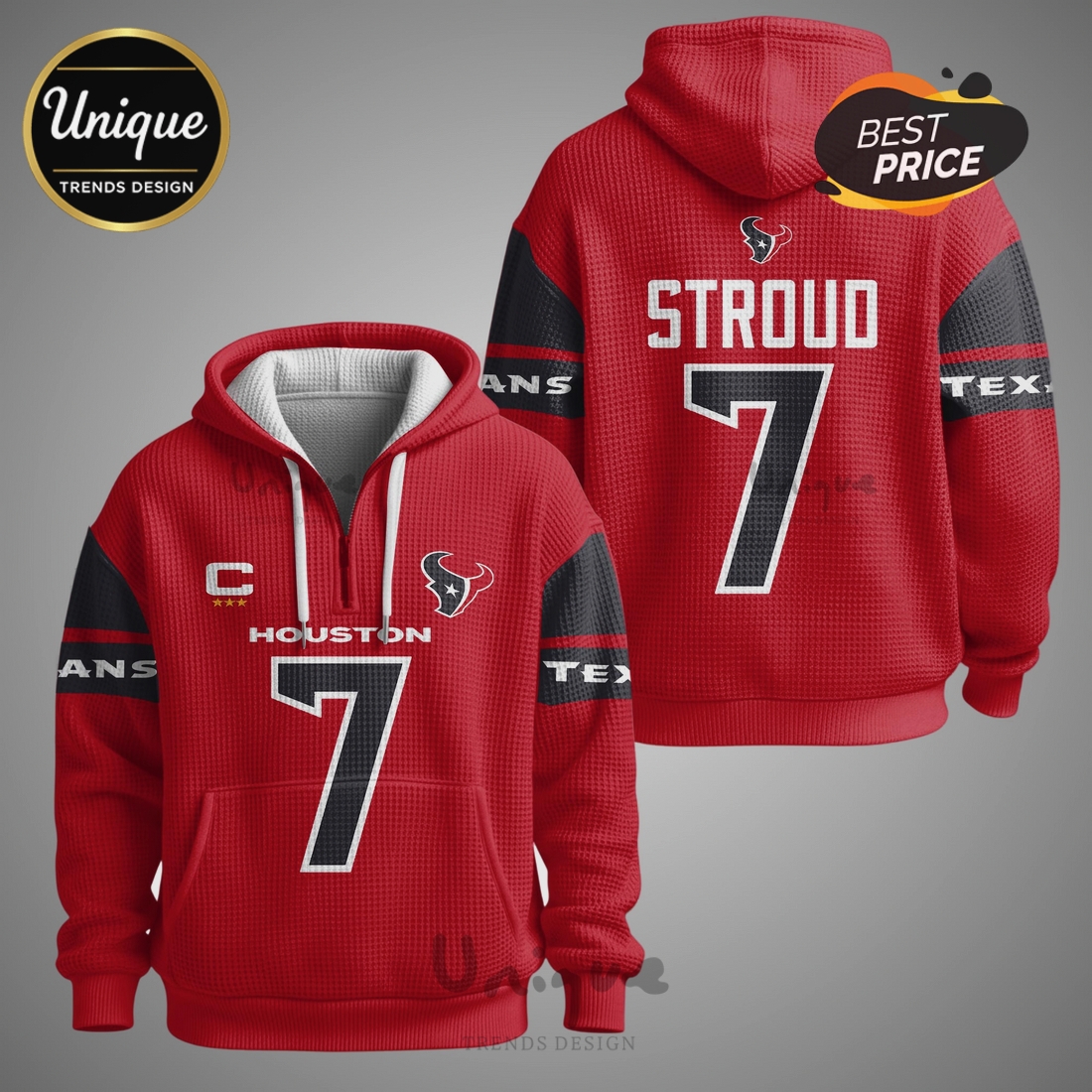 C.J. Stroud Houston Texans 7 NFL Player Quarter Zip Waffle Hoodie C.J. Stroud Houston Texans 7 NFL Player Quarter Zip Waffle Hoodie
