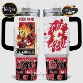 Customizable Calgary Flames travel mug features a horse mascot and logo. Add your name!