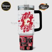 Calgary Flames insulated mug featuring team logos and 'C OF RED' text with ice skate graphics!