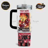Calgary Flames custom tumbler featuring a flaming horse holding a hockey stick!
