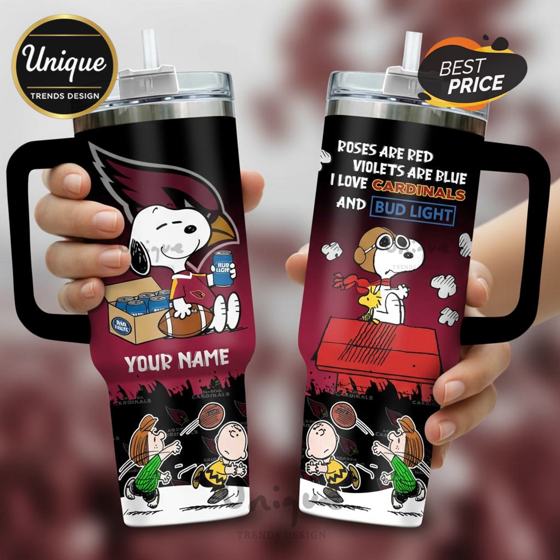 Cardinals Snoopy and Charlie Brown Football Custom Name 40oz Tumbler Cardinals Snoopy and Charlie Brown Football Custom Name 40oz Tumbler