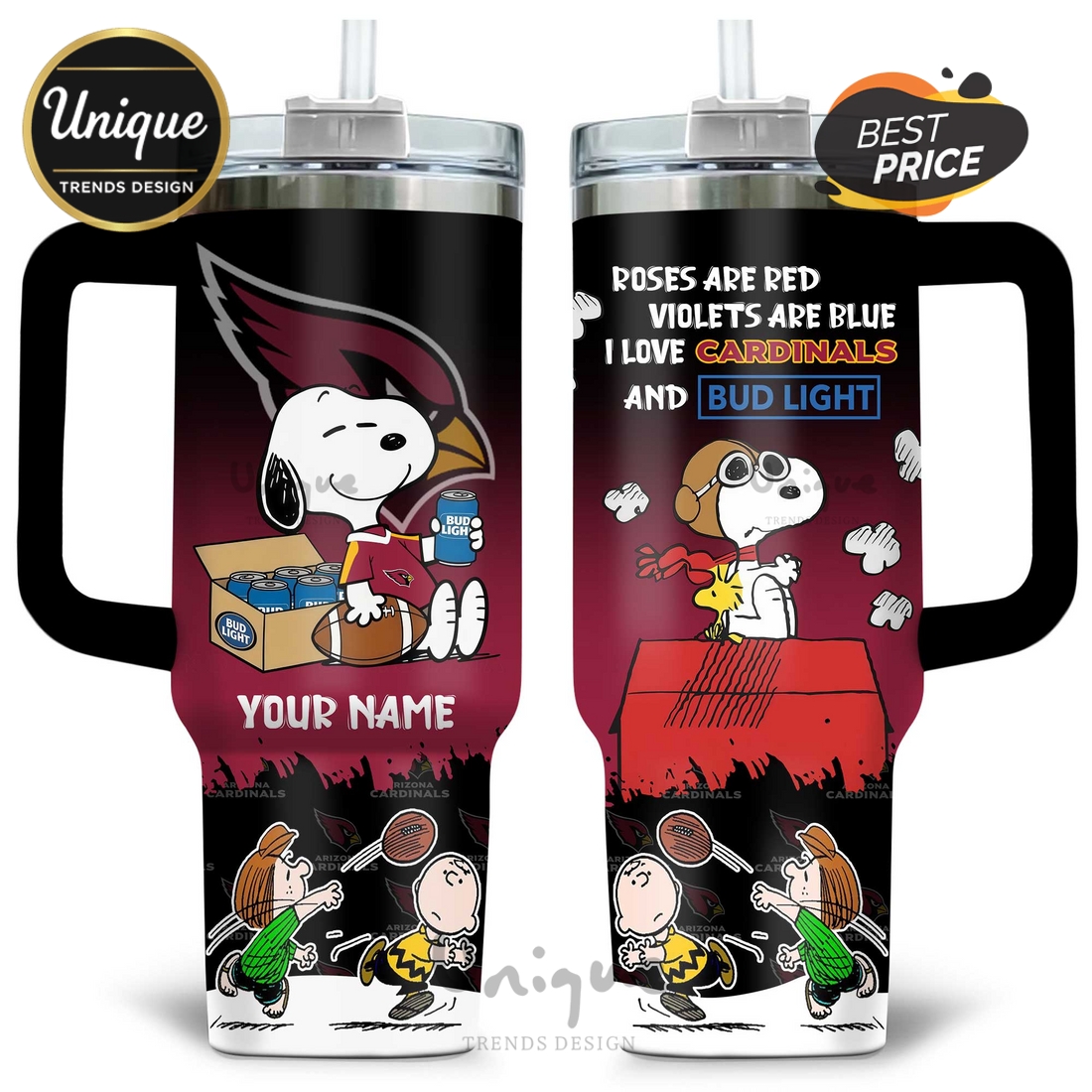 Cardinals Snoopy and Charlie Brown Football Custom Name 40oz Tumbler Cardinals Snoopy and Charlie Brown Football Custom Name 40oz Tumbler