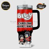 Tumbler featuring Bluey cartoon characters playing for the Carolina Hurricanes hockey team.!