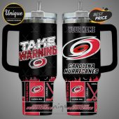 Carolina Hurricanes themed mug with 'Take Warning' and team logo. Personalized name option available.!