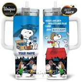 Personalized Carolina Panthers Snoopy 40oz tumbler with Roses Are Red design.