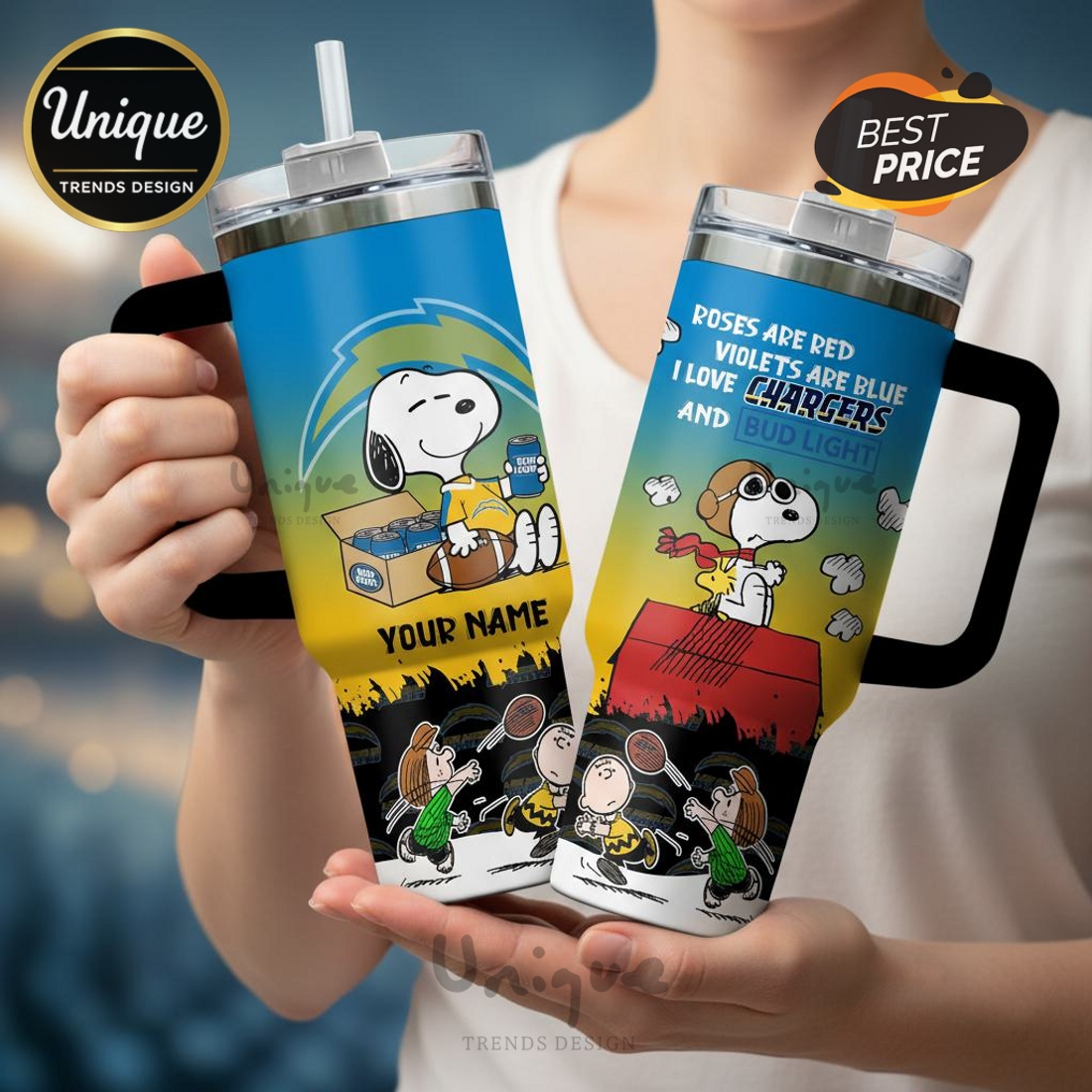Chargers Football Snoopy and Charlie Brown Custom Name 40oz Tumbler Chargers Football Snoopy and Charlie Brown Custom Name 40oz Tumbler