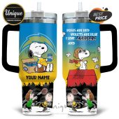 Chargers Football Snoopy and Charlie Brown 40oz Tumbler with Custom Name. Keep drinks cold!
